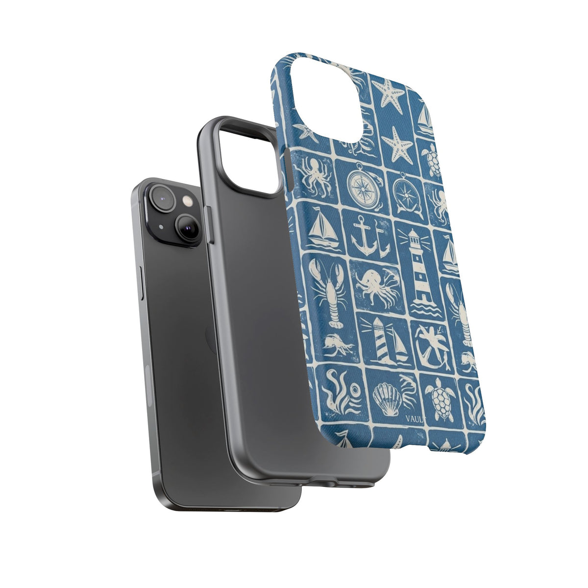 Nautical Tile Phone Case — Blue Coastal Icons (lighthouse, anchor, seashells)