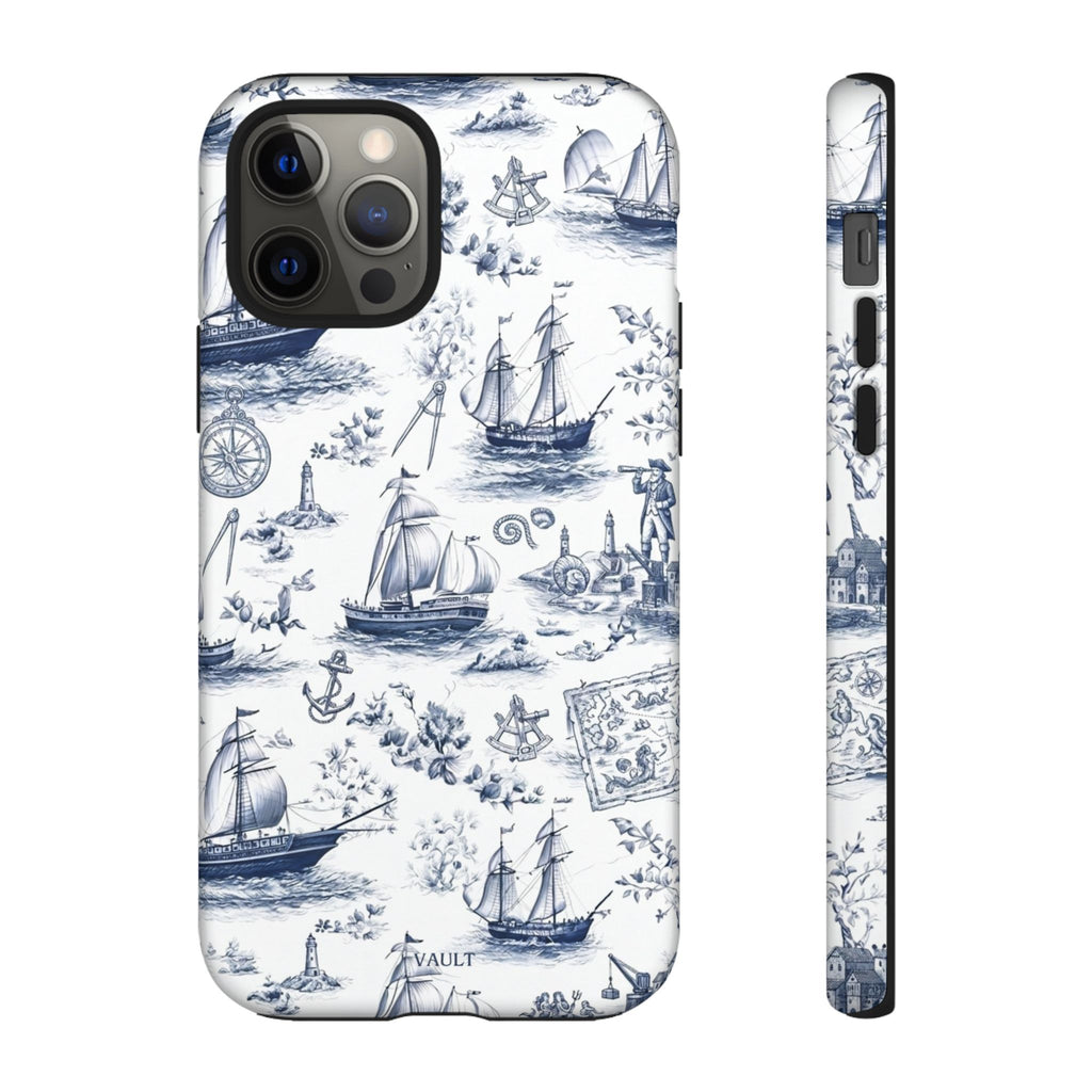 Nautical Vintage Ship Tough Phone Case — Blue Toile Sailboat Pattern