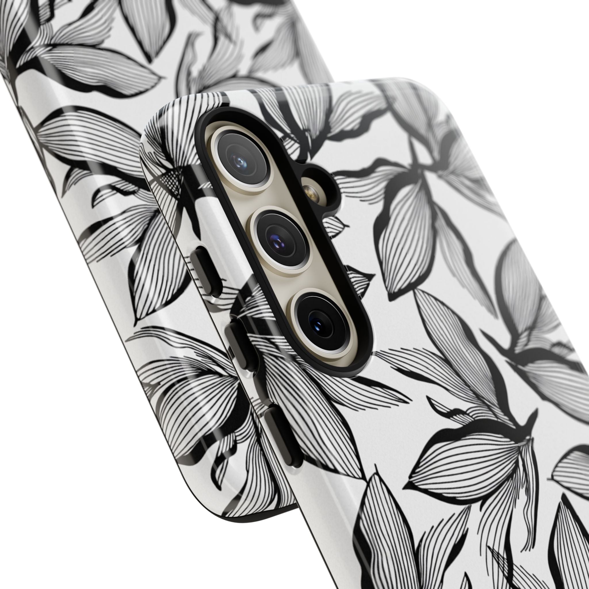 Floral Leaves Tough Phone Case – Black & White Botanical Protection