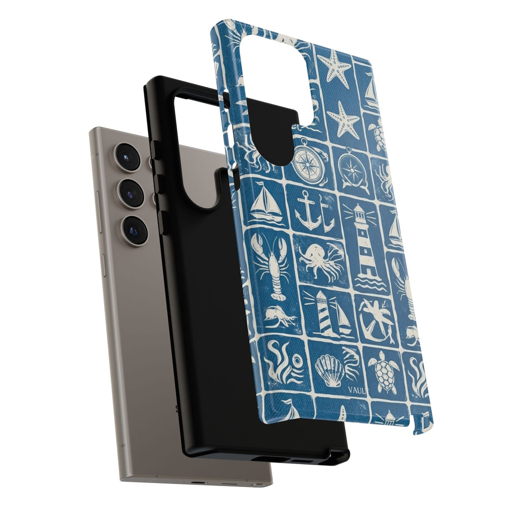 Nautical Tile Phone Case — Blue Coastal Icons (lighthouse, anchor, seashells)