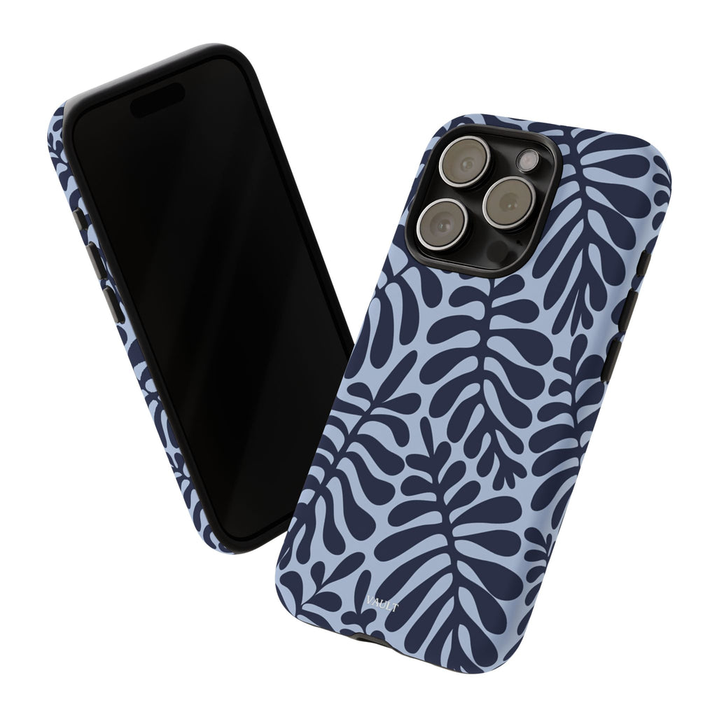 Floral Fern Tough Phone Case – Navy Blue on Light Blue, Protective Slim Cover