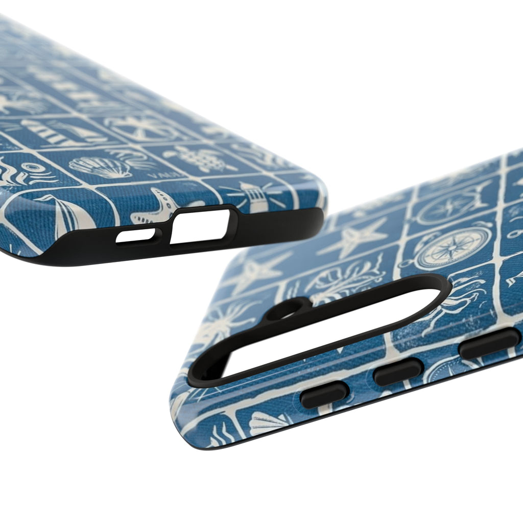 Nautical Tile Phone Case — Blue Coastal Icons (lighthouse, anchor, seashells)