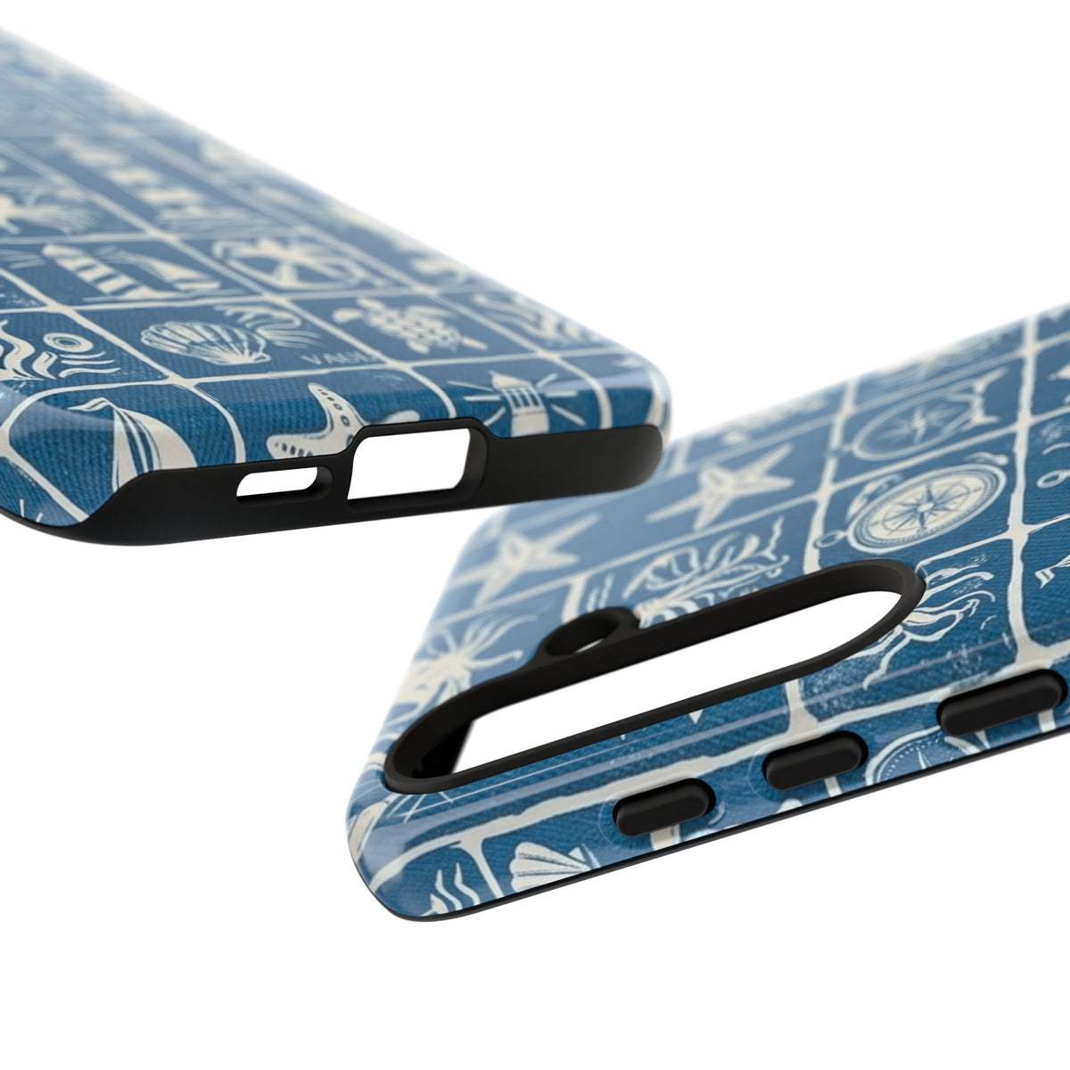 Nautical Tile Phone Case — Blue Coastal Icons (lighthouse, anchor, seashells)