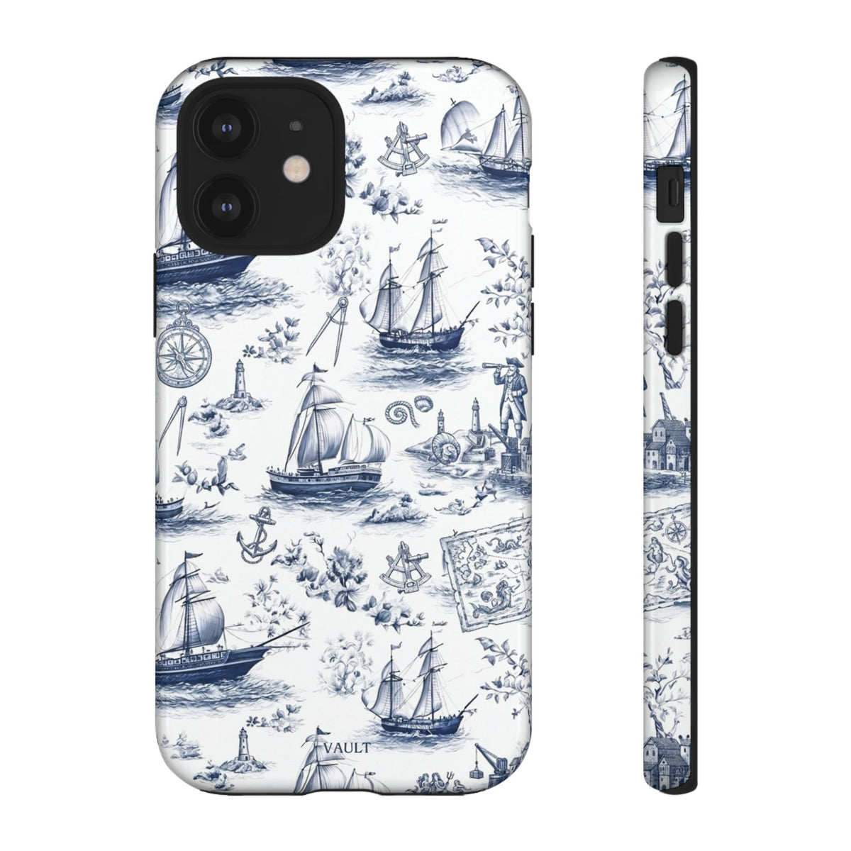 Nautical Vintage Ship Tough Phone Case — Blue Toile Sailboat Pattern