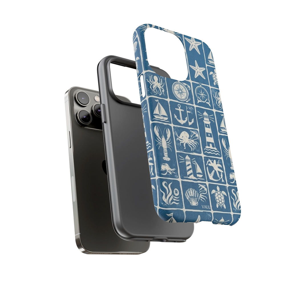 Nautical Tile Phone Case — Blue Coastal Icons (lighthouse, anchor, seashells)