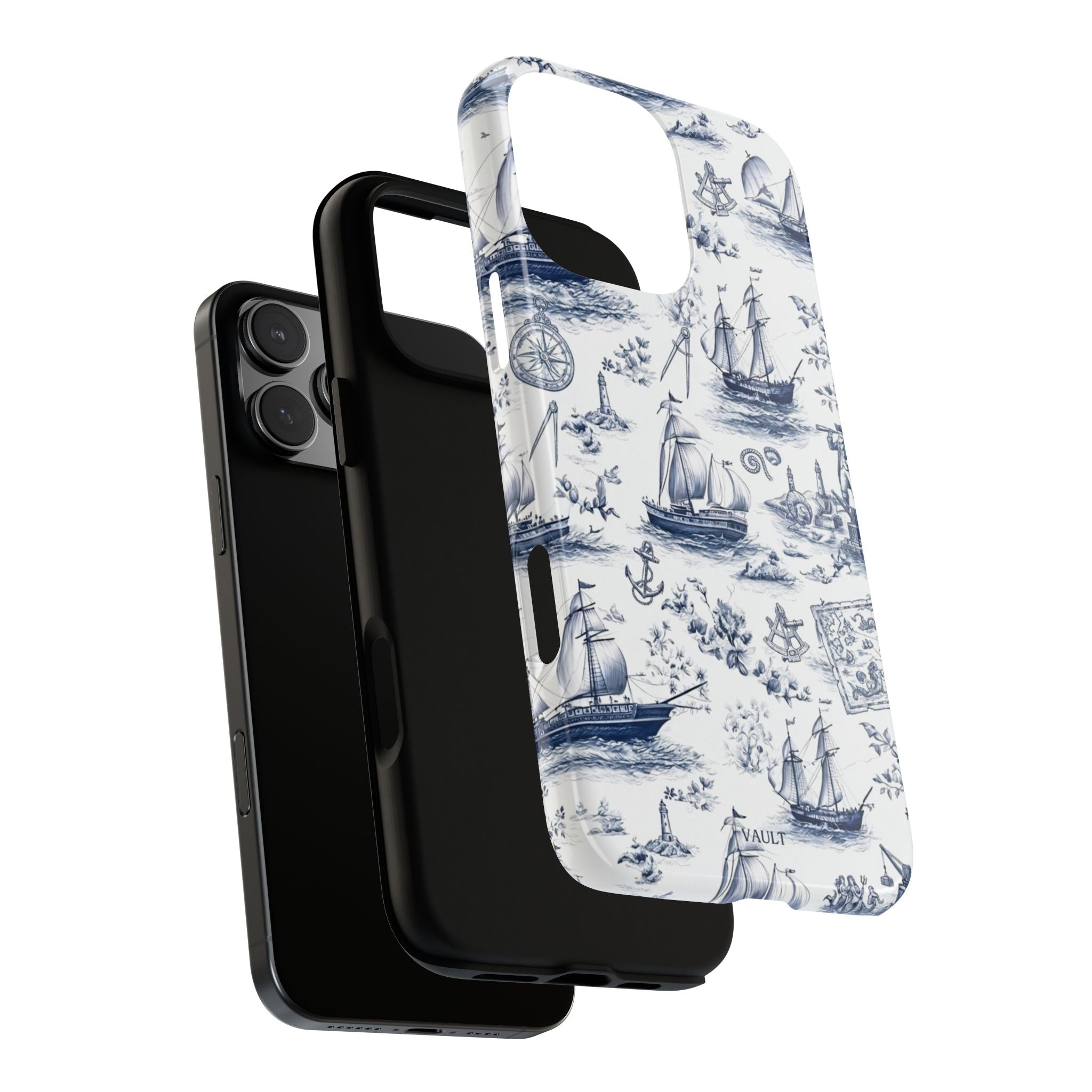 Nautical Vintage Ship Tough Phone Case — Blue Toile Sailboat Pattern