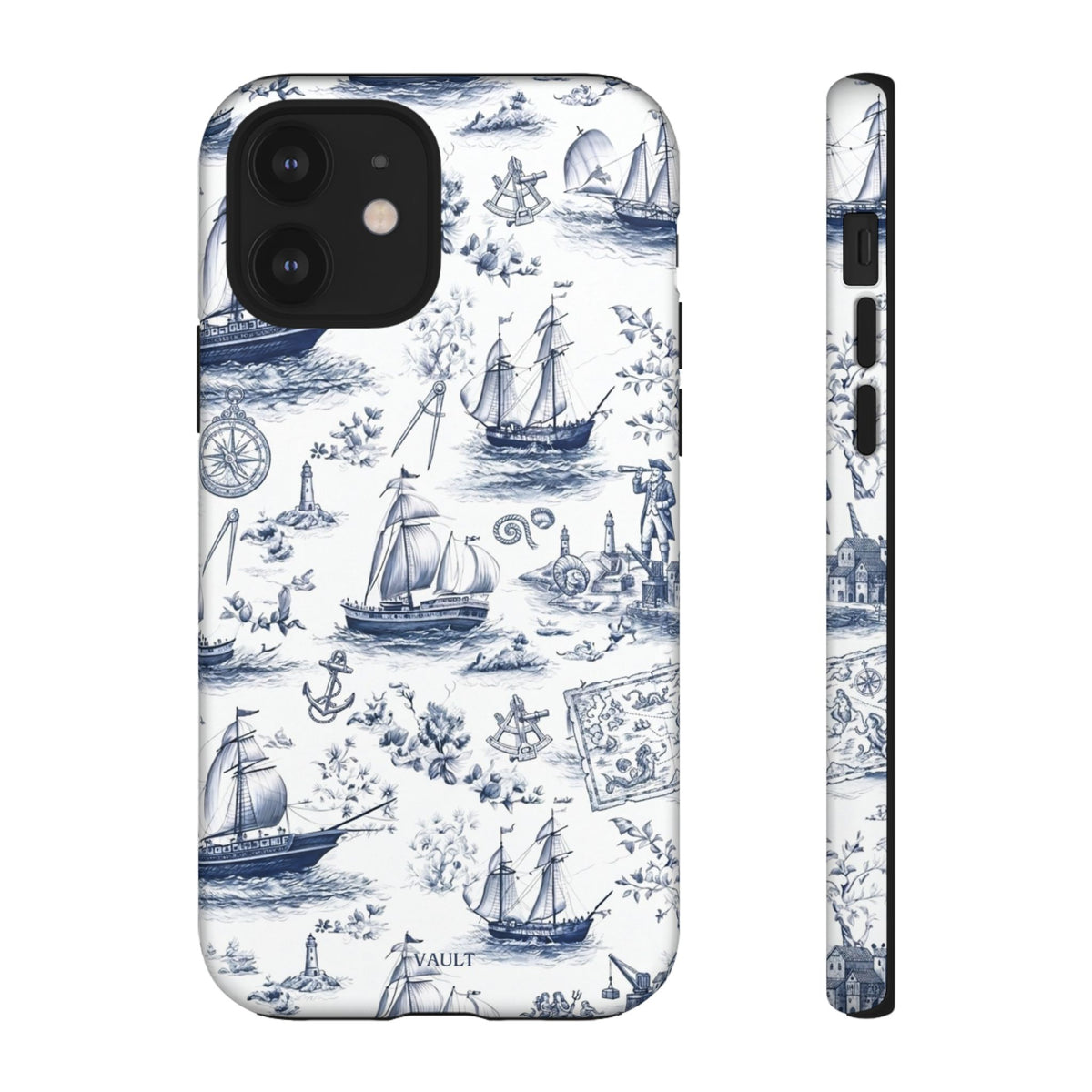 Nautical Vintage Ship Tough Phone Case — Blue Toile Sailboat Pattern