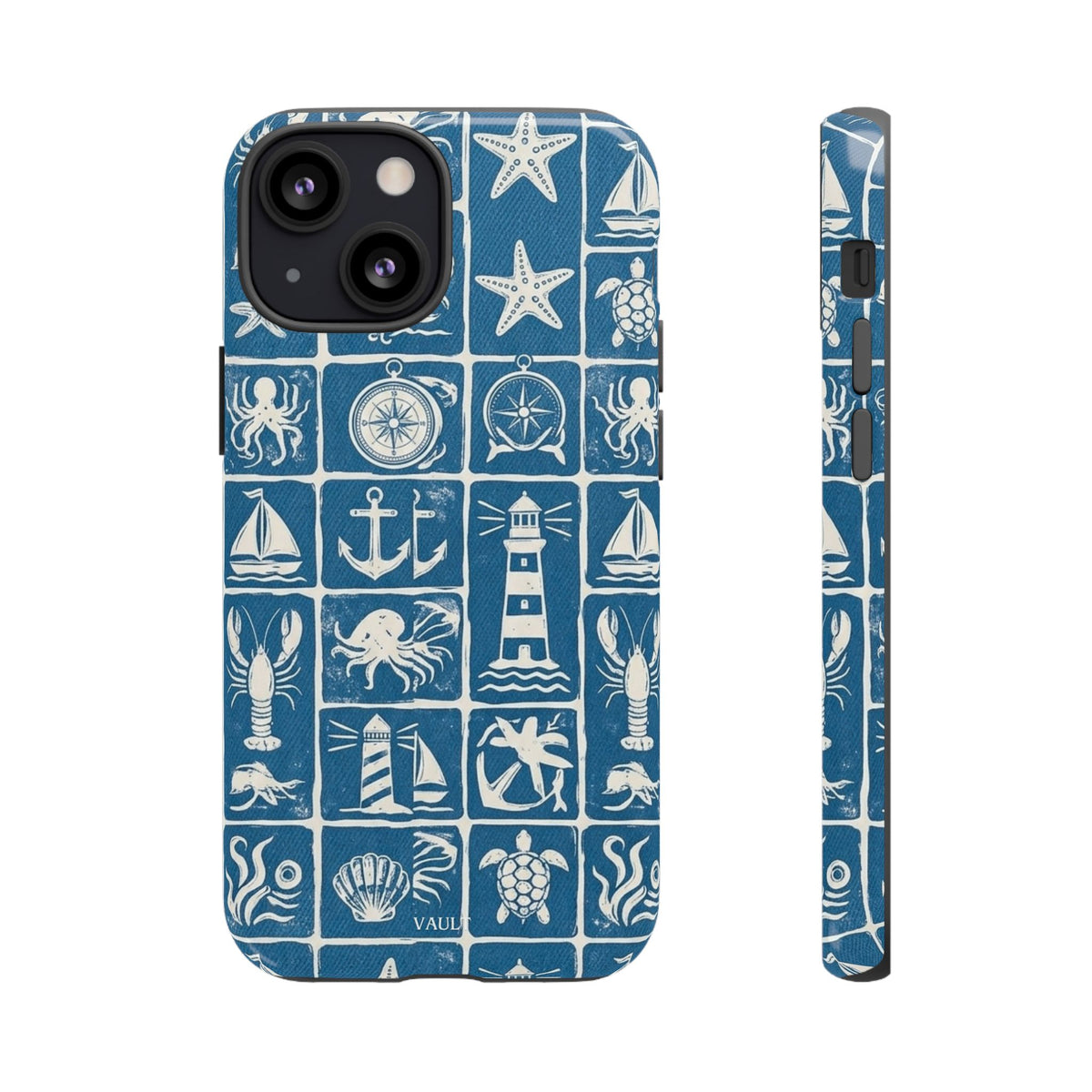Nautical Tile Phone Case — Blue Coastal Icons (lighthouse, anchor, seashells)
