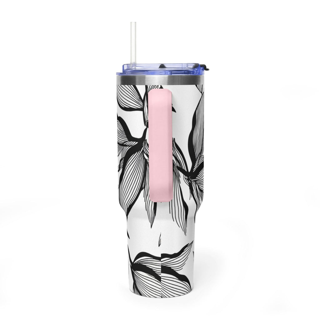 40oz Floral Thermal Tumbler – Black & White Leaf Pattern Vacuum Insulated