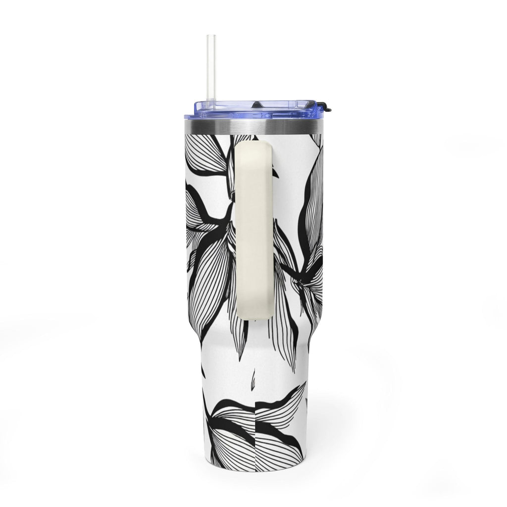 40oz Floral Thermal Tumbler – Black & White Leaf Pattern Vacuum Insulated