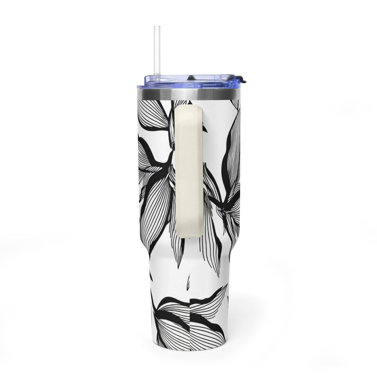 40oz Floral Thermal Tumbler – Black & White Leaf Pattern Vacuum Insulated