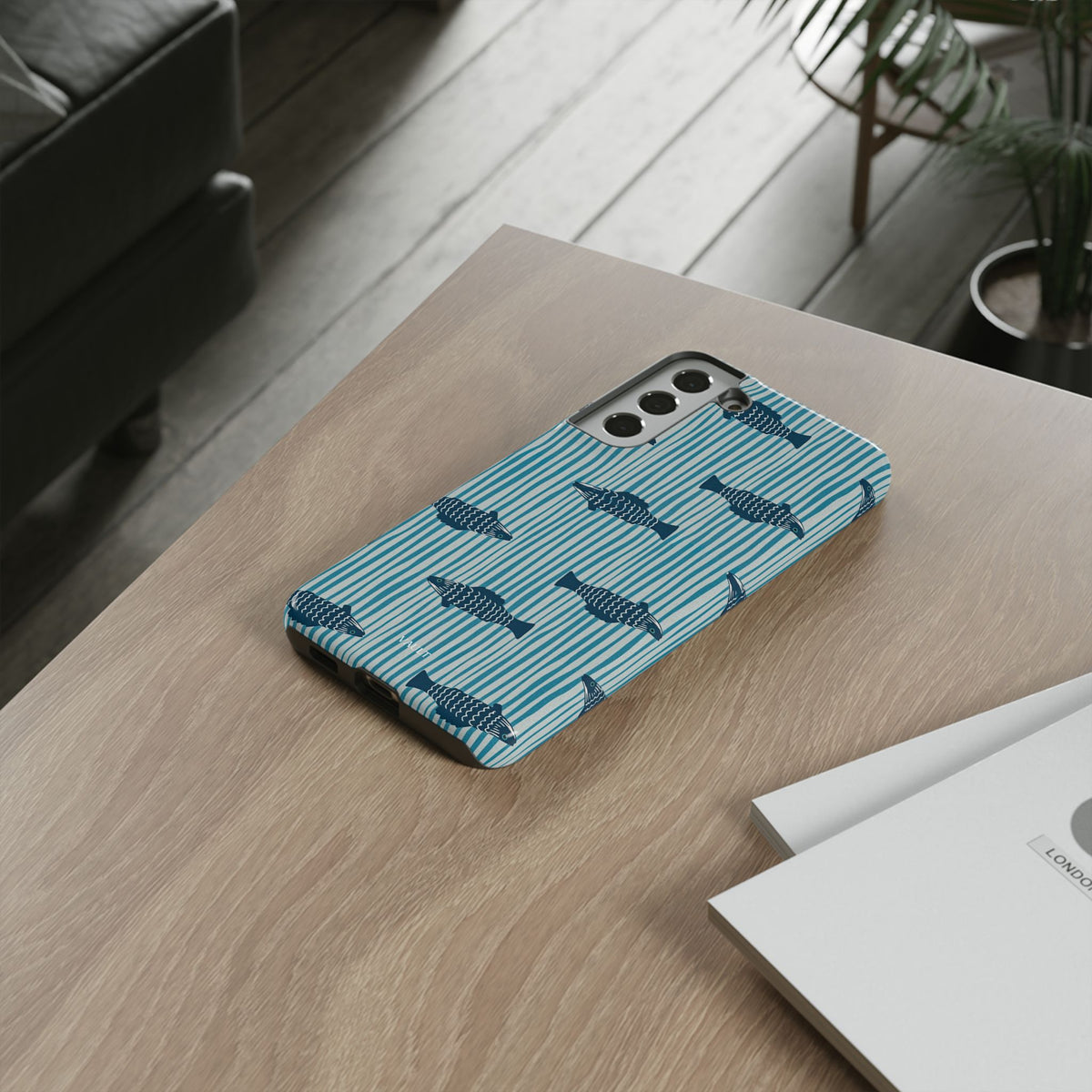 Fish Pattern Tough Phone Case — Blue Striped Ocean Design