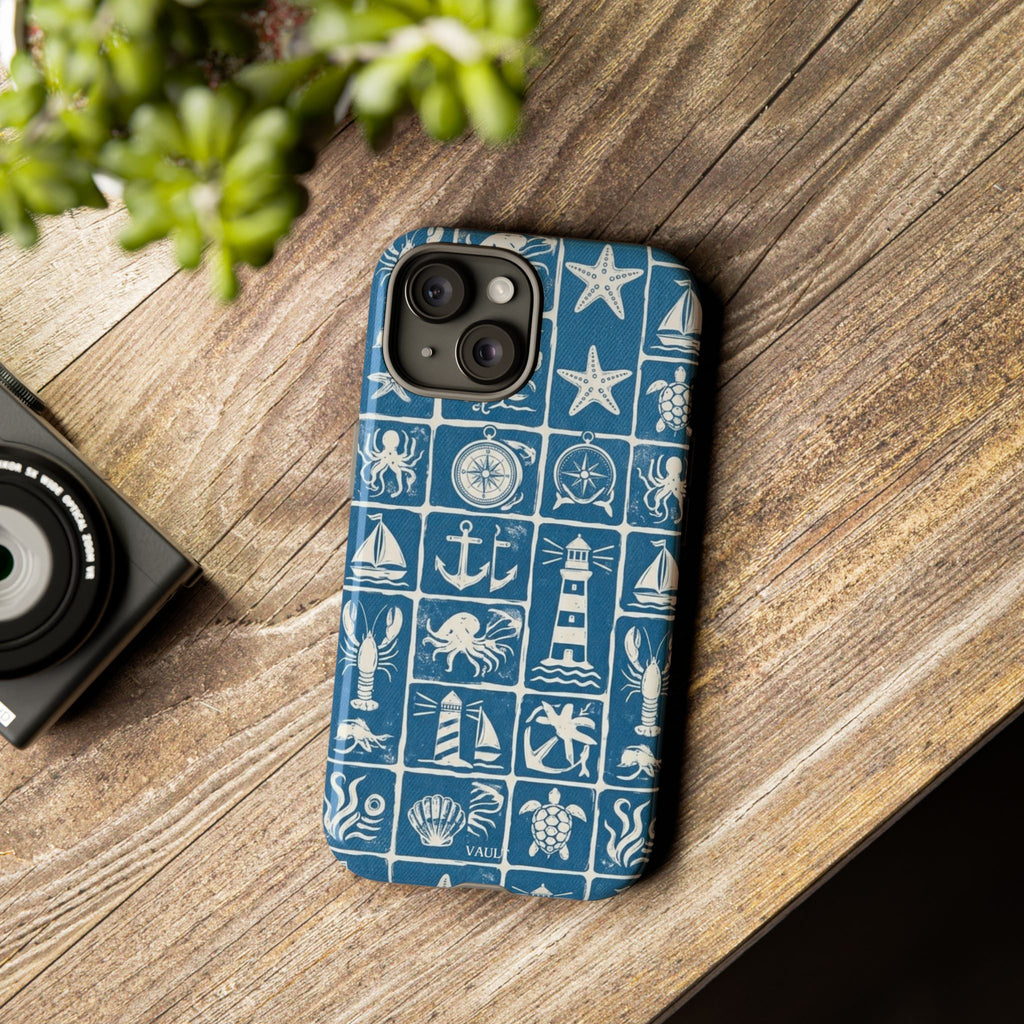 Nautical Tile Phone Case — Blue Coastal Icons (lighthouse, anchor, seashells)