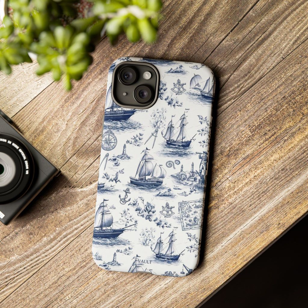 Nautical Vintage Ship Tough Phone Case — Blue Toile Sailboat Pattern