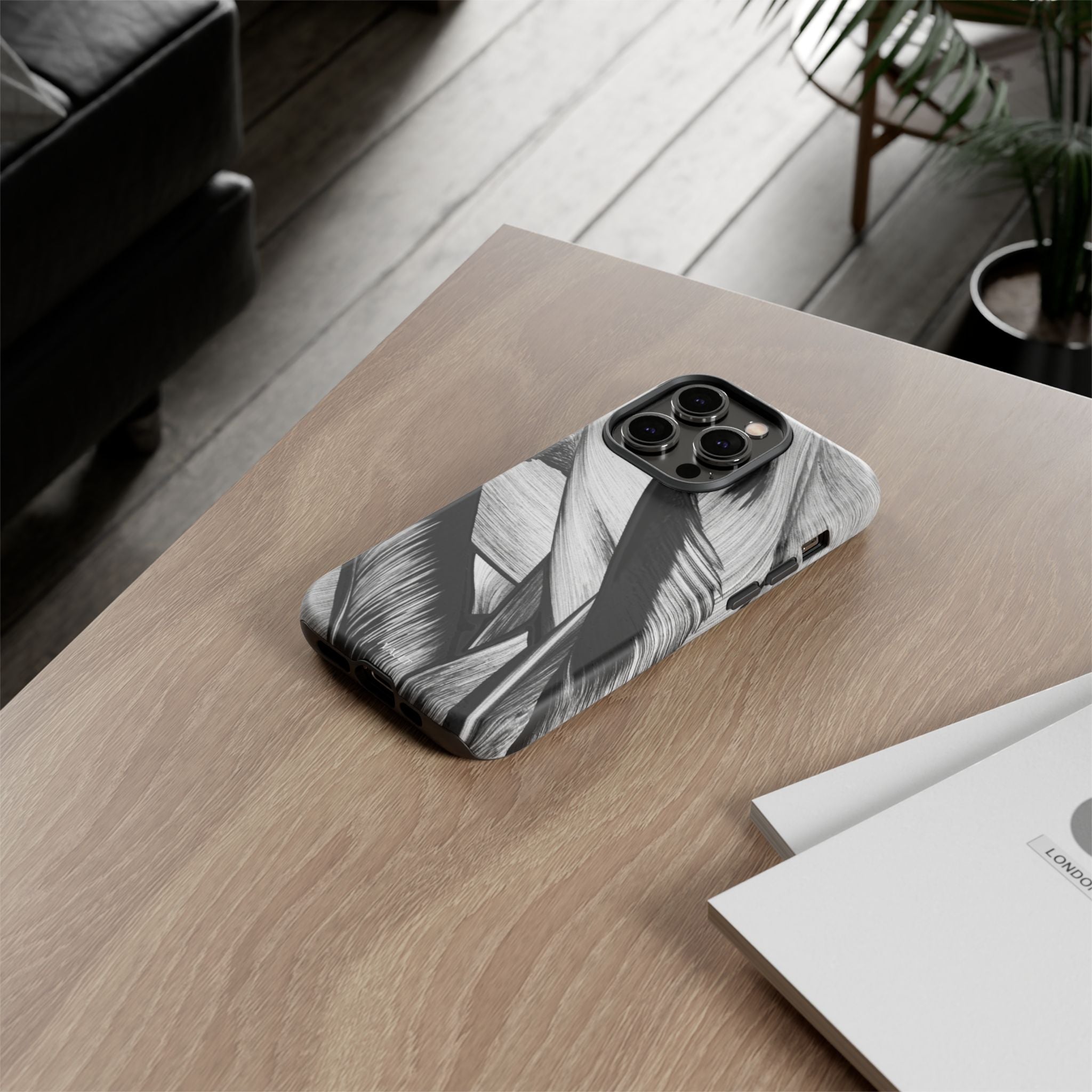 Monochrome Tropical Leaf Tough Phone Case — Black & White Botanical Protective Cover