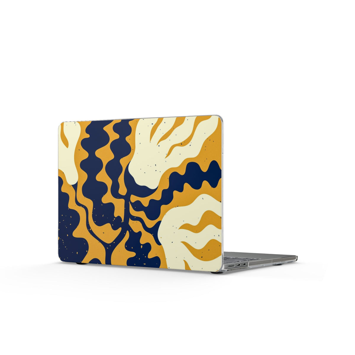 Abstract Wave Clear MacBook Case — Navy & Mustard Retro Design