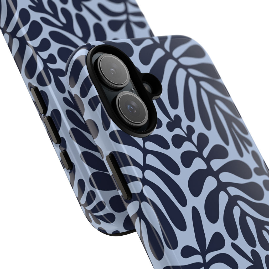 Floral Fern Tough Phone Case – Navy Blue on Light Blue, Protective Slim Cover