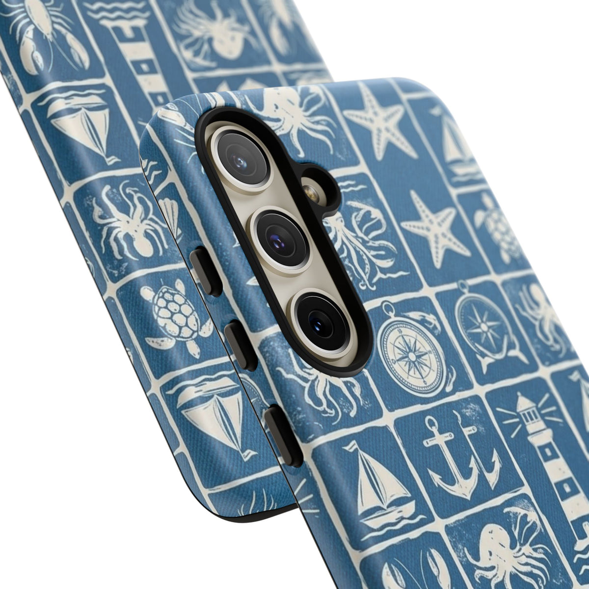 Nautical Tile Phone Case — Blue Coastal Icons (lighthouse, anchor, seashells)