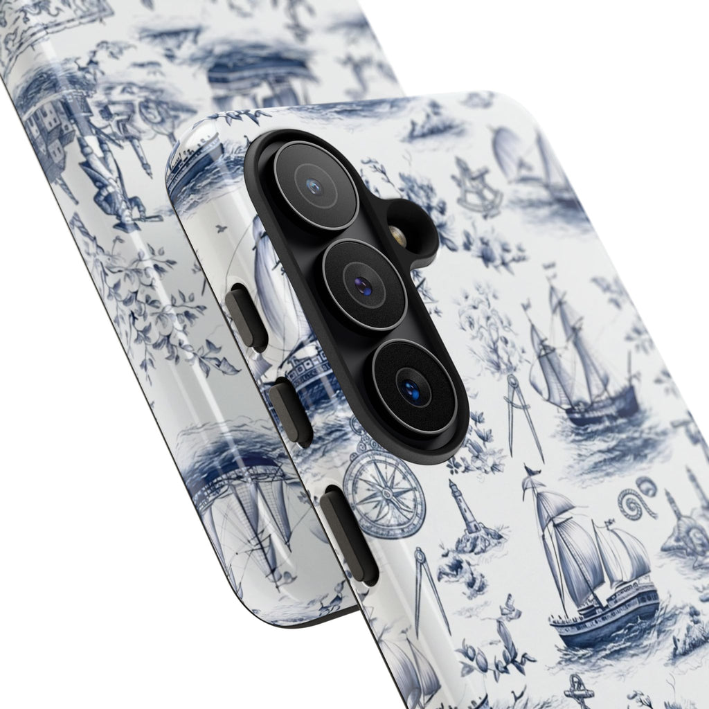 Nautical Vintage Ship Tough Phone Case — Blue Toile Sailboat Pattern