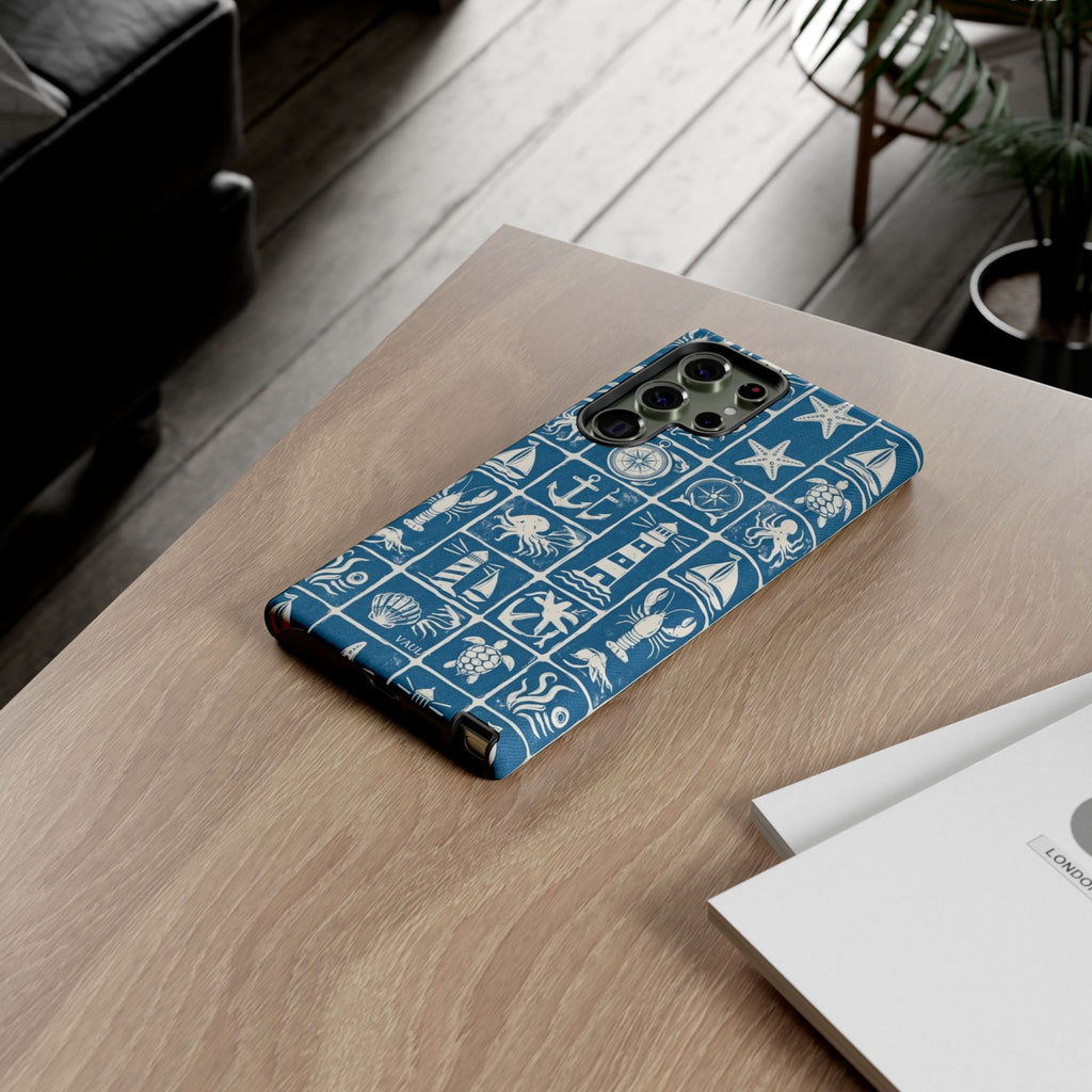 Nautical Tile Phone Case — Blue Coastal Icons (lighthouse, anchor, seashells)
