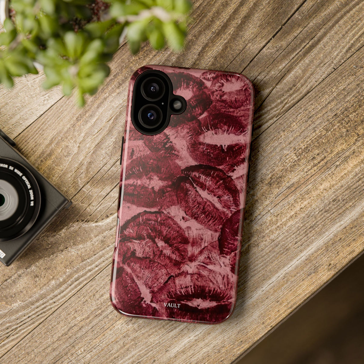 Kiss Print Phone Case – Burgundy Lip Pattern Protective Phone Cover