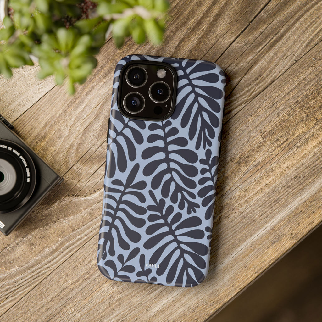 Floral Fern Tough Phone Case – Navy Blue on Light Blue, Protective Slim Cover