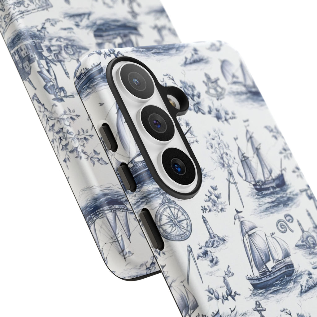 Nautical Vintage Ship Tough Phone Case — Blue Toile Sailboat Pattern