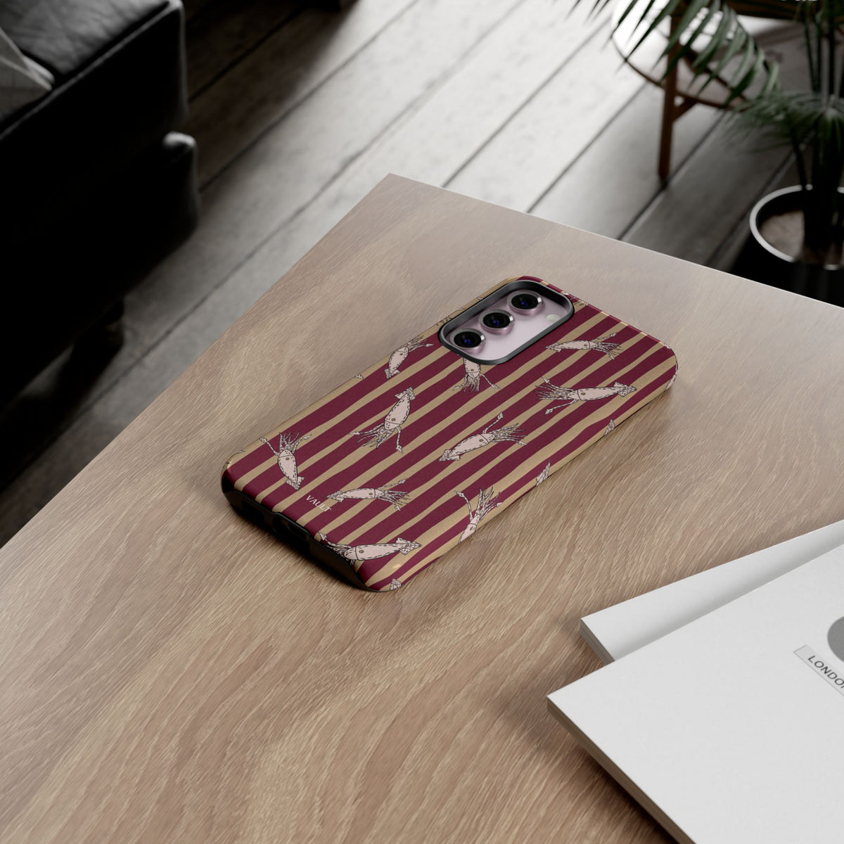 Phone Case - Vintage Shrimp Pattern on Burgundy Stripes