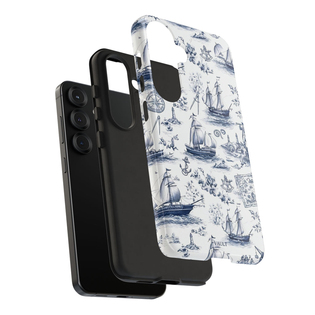 Nautical Vintage Ship Tough Phone Case — Blue Toile Sailboat Pattern
