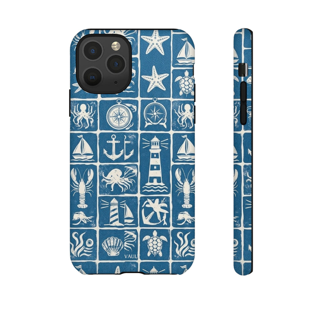 Nautical Tile Phone Case — Blue Coastal Icons (lighthouse, anchor, seashells)
