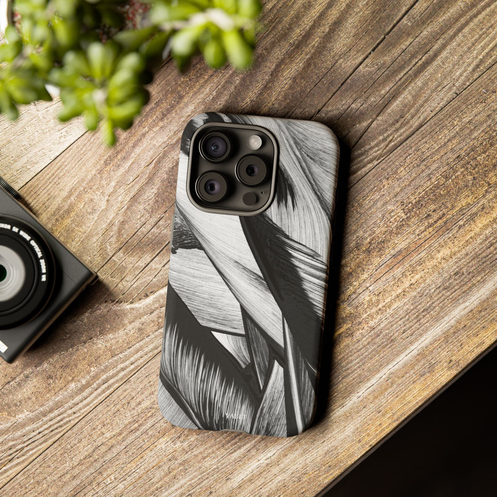 Monochrome Tropical Leaf Tough Phone Case — Black & White Botanical Protective Cover