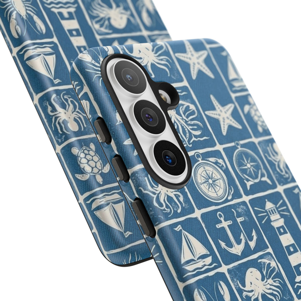 Nautical Tile Phone Case — Blue Coastal Icons (lighthouse, anchor, seashells)