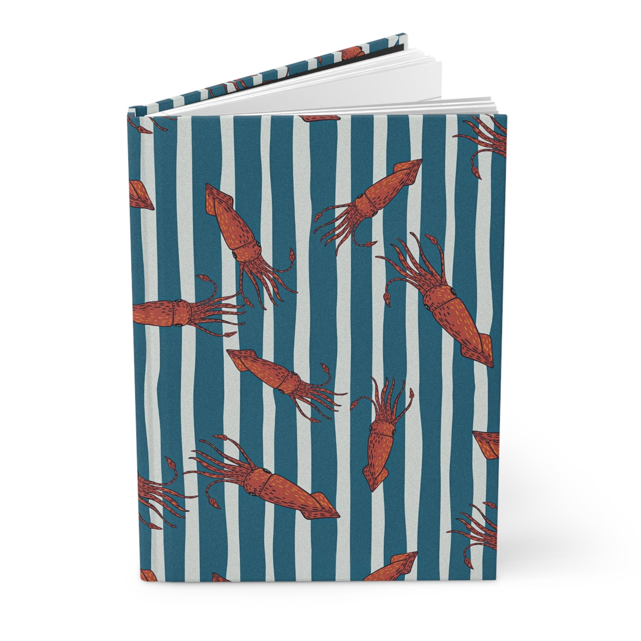 Shrimp Pattern Hardcover Journal — Nautical Striped Seafood Notebook