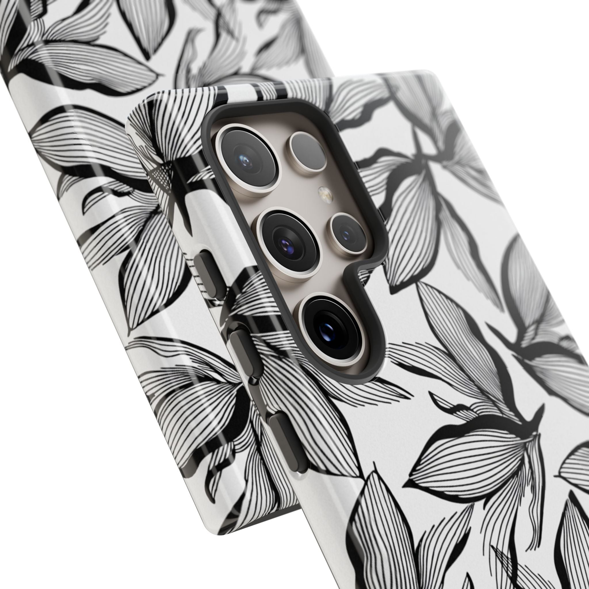 Floral Leaves Tough Phone Case – Black & White Botanical Protection