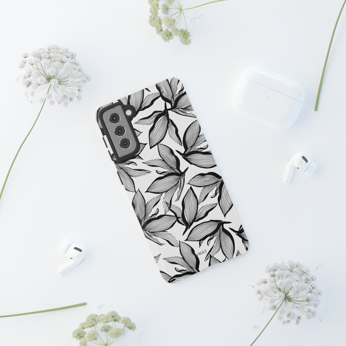 Floral Leaves Tough Phone Case – Black & White Botanical Protection