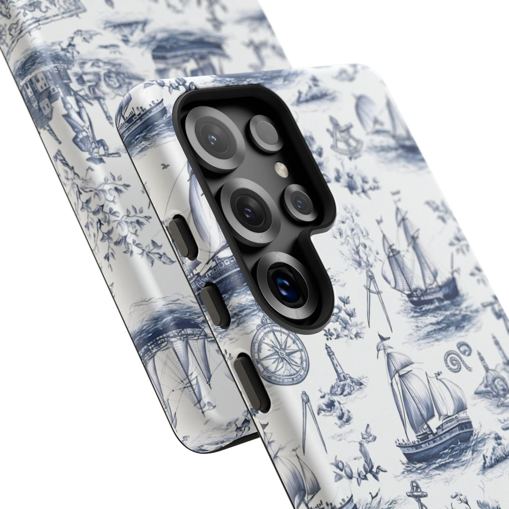 Nautical Vintage Ship Tough Phone Case — Blue Toile Sailboat Pattern