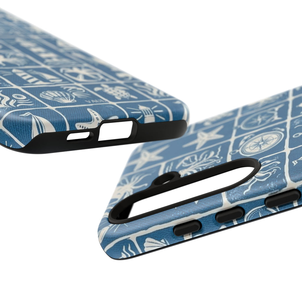Nautical Tile Phone Case — Blue Coastal Icons (lighthouse, anchor, seashells)