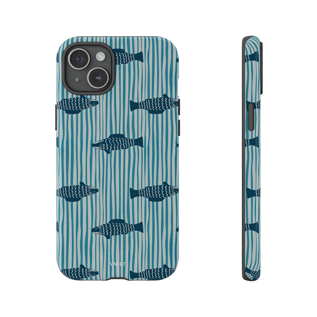 Fish Pattern Tough Phone Case — Blue Striped Ocean Design
