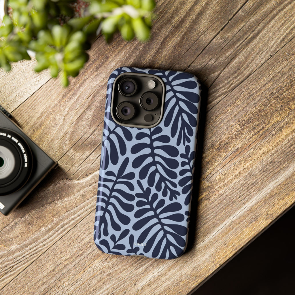 Floral Fern Tough Phone Case – Navy Blue on Light Blue, Protective Slim Cover