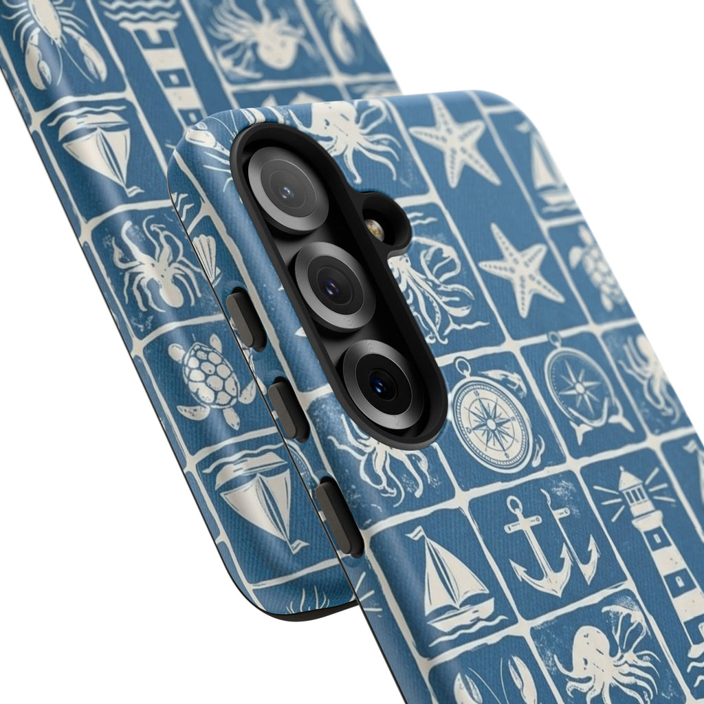 Nautical Tile Phone Case — Blue Coastal Icons (lighthouse, anchor, seashells)