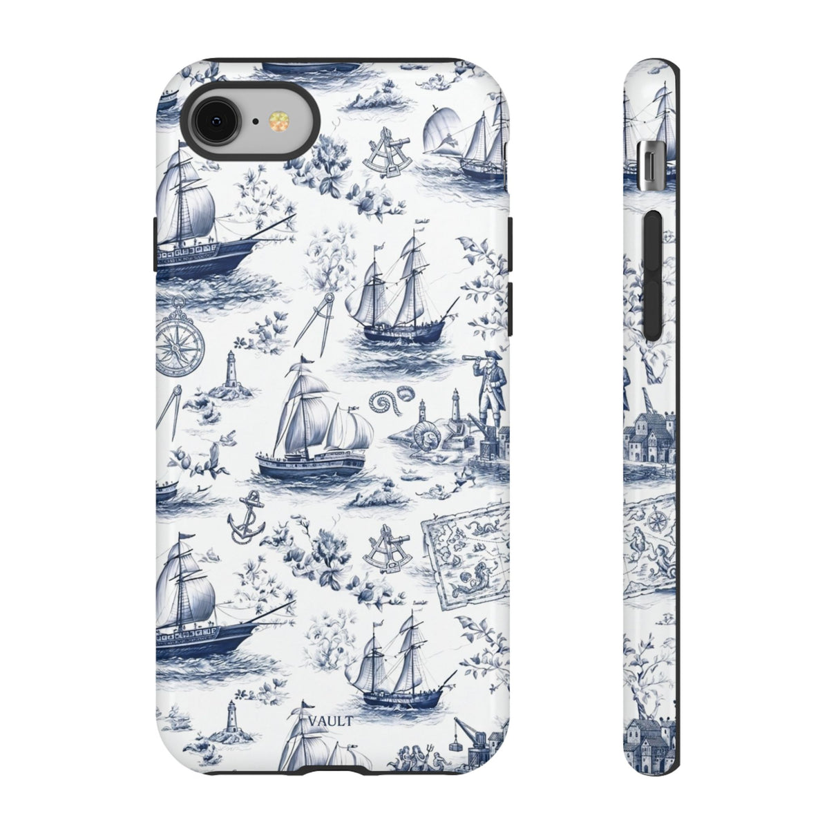 Nautical Vintage Ship Tough Phone Case — Blue Toile Sailboat Pattern