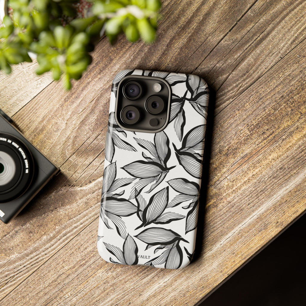 Floral Leaves Tough Phone Case – Black & White Botanical Protection