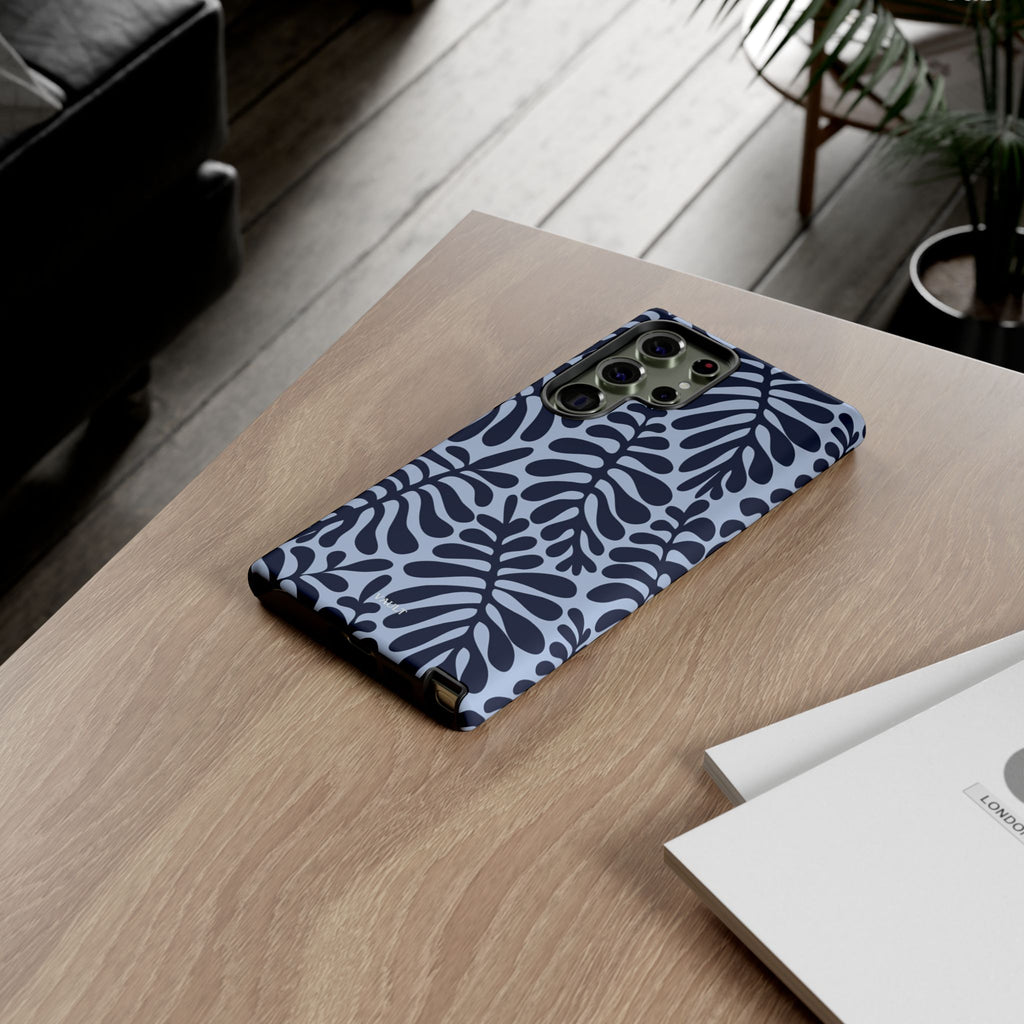 Floral Fern Tough Phone Case – Navy Blue on Light Blue, Protective Slim Cover