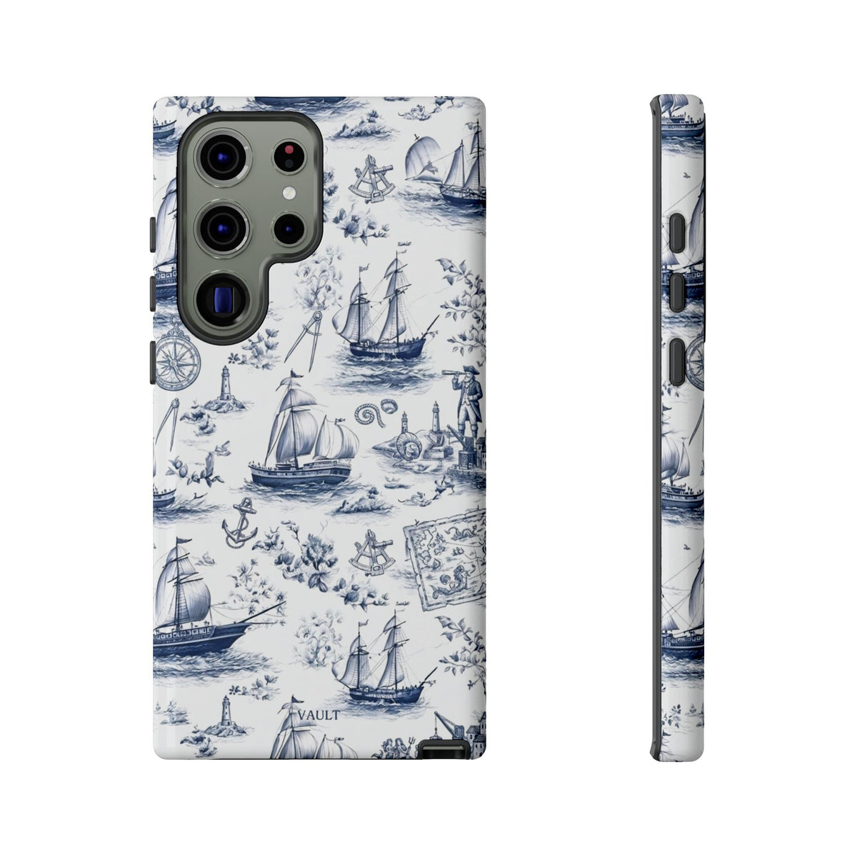 Nautical Vintage Ship Tough Phone Case — Blue Toile Sailboat Pattern