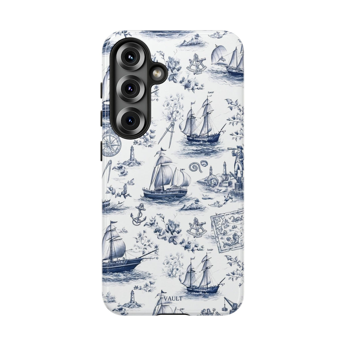 Nautical Vintage Ship Tough Phone Case — Blue Toile Sailboat Pattern