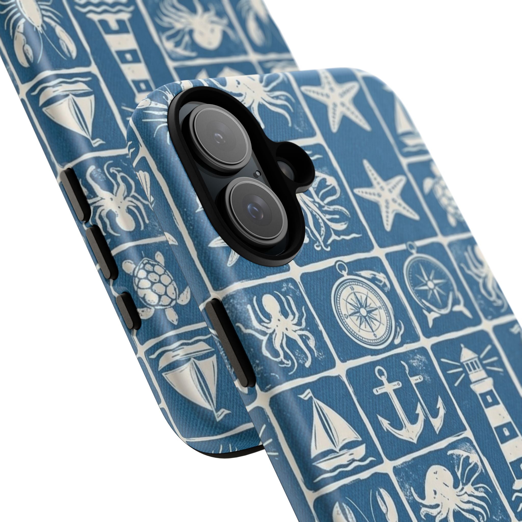 Nautical Tile Phone Case — Blue Coastal Icons (lighthouse, anchor, seashells)