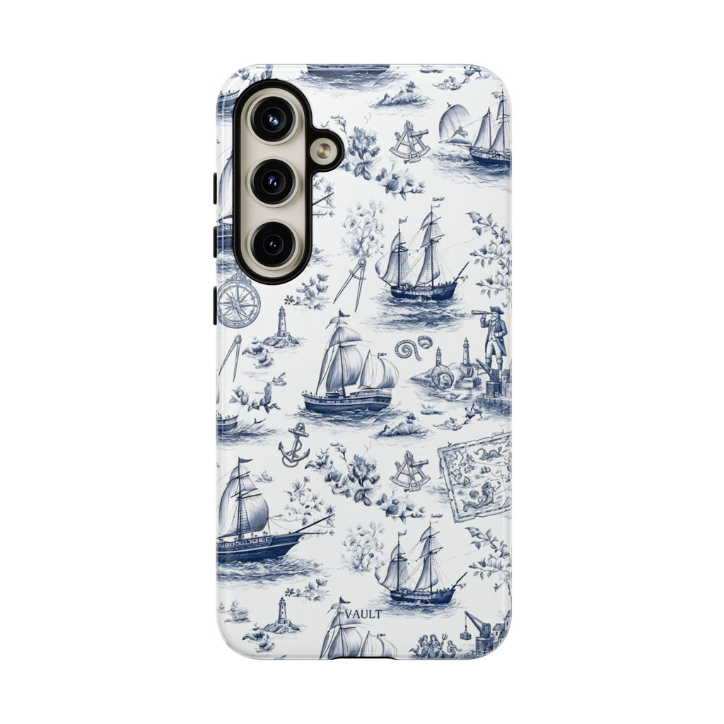 Nautical Vintage Ship Tough Phone Case — Blue Toile Sailboat Pattern
