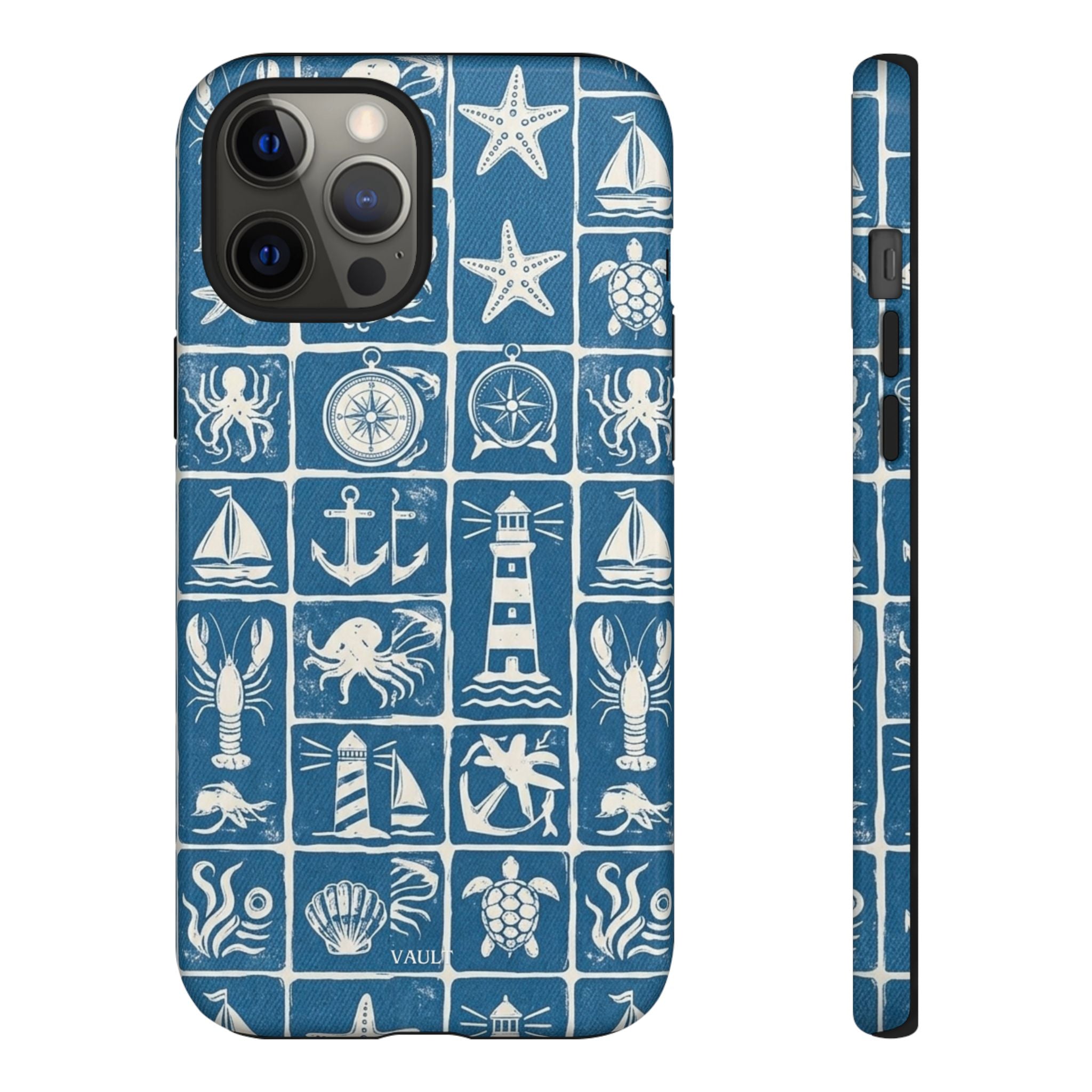 Nautical Tile Phone Case — Blue Coastal Icons (lighthouse, anchor, seashells)