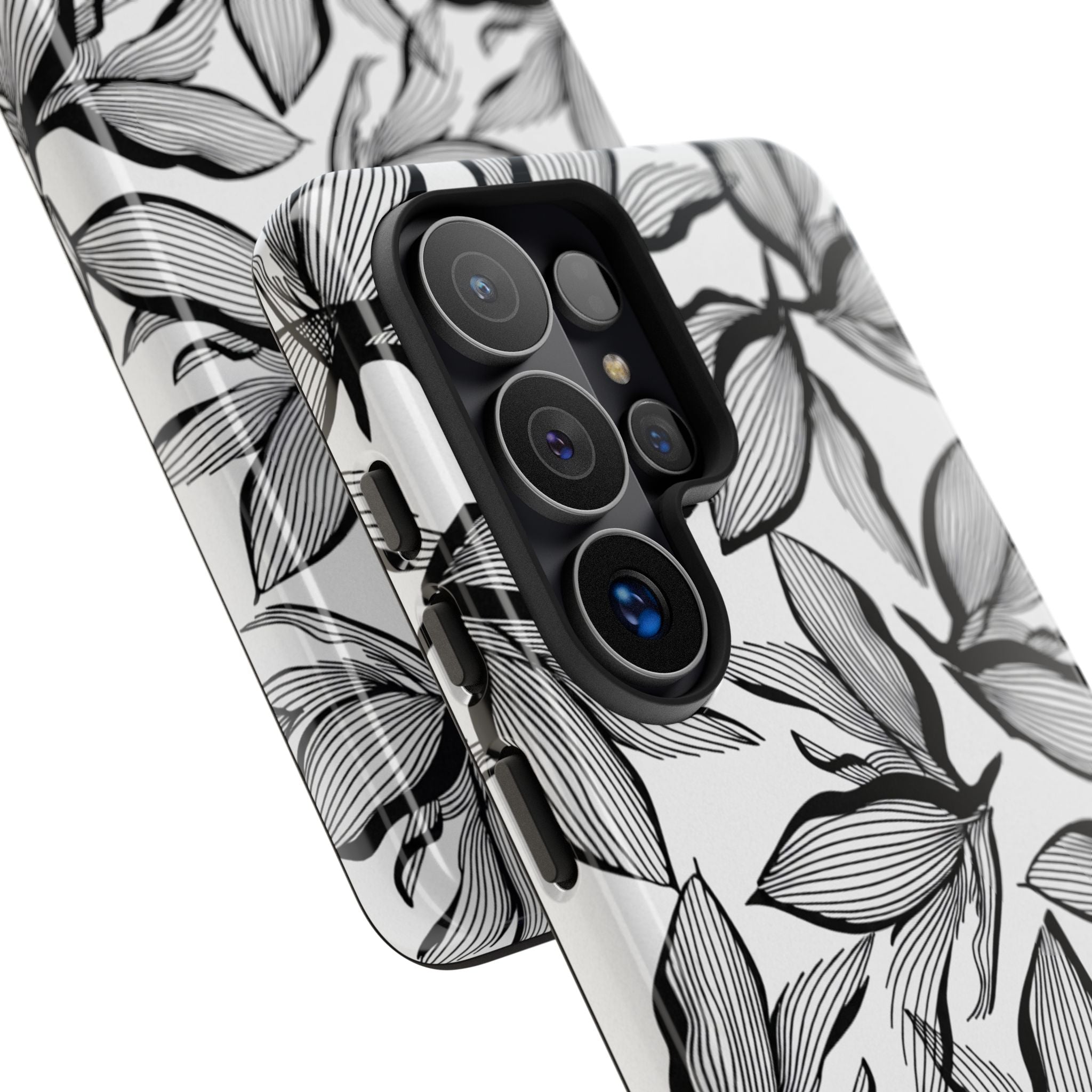 Floral Leaves Tough Phone Case – Black & White Botanical Protection