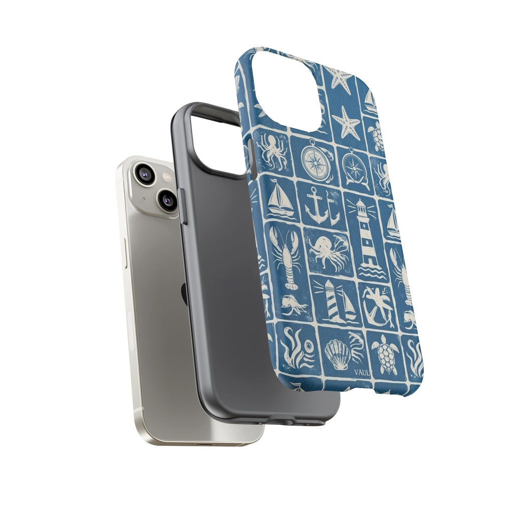 Nautical Tile Phone Case — Blue Coastal Icons (lighthouse, anchor, seashells)
